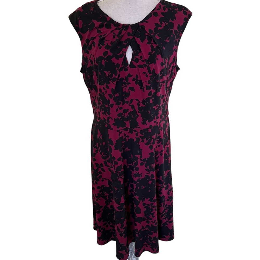 Wisp Wine/Black All Over Floral Print "Ceena" Jersey Knit Aline Dress 14